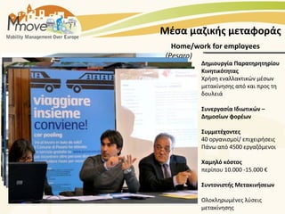 Μέσα μαζικής μεταφοράς
  Home/work for employees
(Pesaro)
         Δημιουργία Παρατηρητηρίου
         Κινητικότητας
         Χρήση εναλλακτικών μέσων
         μετακίνησης από και προς τη
         δουλειά

         Συνεργασία Ιδιωτικών –
         Δημοσίων φορέων

         Συμμετέχοντες
         40 οργανισμοί/ επιχειρήσεις
         Πάνω από 4500 εργαζόμενοι

         Χαμηλό κόστος
         περίπου 10.000 -15.000 €

         Συντονιστής Μετακινήσεων

         Ολοκληρωμένες λύσεις
         μετακίνησης
 