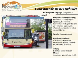 Ευαισθητοποίηση των πολιτών
     JourneyOn Campaign (Brighton &
    Hove)
               Εκστρατεία ευαισθητοποίησης
               Καινοτόμες δραστηριότητες
               προβολής, διαδικτυακοί
               διαγωνισμοί και δωρεάν δημόσια
               γεγονότα ταυτόχρονα με τις
               κλασσικές εκστρατείες σε κτίρια
               και ραδιόφωνα.

               Website : journeyon.co.uk

               Οδηγός μετακινήσεων
               Σύγκριση αστικών μέσων
               μετακίνησης (κόστος, εκπομπές
               CO2 ακόμα και θερμίδες).

               Αύξηση
               Ποδήλατο 122%, Πεζή 33%
               Μείωση
               Αυτοκίνητο (με επιβάτες) 10.5%.
 
