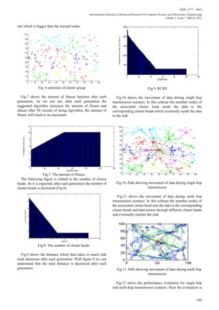 ISSN: 2277 – 9043
                                                   International Journal of Advanced Research in Computer Science and Electronics Engineering
                                                                                                               Volume 1, Issue 1, March 2012

star which is bigger than the normal nodes.




              Fig .6 selection of cluster group                                                  Fig.9. RCSD

   Fig.7 shows the amount of fitness function after each                Fig.10 shows the movement of data during single hop
generation. As we can see, after each generation the                 transmission scenario. In this scheme the member nodes of
suggested algorithm increases the amount of fitness and              the associated cluster head sends the data to the
almost after 50 circuits of doing algorithm, the amount of           corresponding cluster heads which eventually sends the data
fitness will reach to its maximum.                                   to the sink




                  Fig.7. The amount of fitness
   The following figure is related to the number of cluster
heads. As it is expected, after each generation the number of           Fig.10. Path showing movement of data during single hop
cluster heads is decreased (Fig.8).                                                         transmission

                                                                        Fig.11 shows the movement of data during multi hop
                                                                     transmission scenario. In this scheme the member nodes of
                                                                     the associated cluster head sent the data to the corresponding
                                                                     cluster heads and data moves through different cluster heads
                                                                     and eventually reaches the sink




              Fig.8. The number of cluster heads

  Fig.9 shows the distance which data takes to reach sink
node decreases after each generation. With figure 8 we can
understand that the total distance is decreased after each
generation.                                                             Fig.11. Path showing movement of data during multi hop
                                                                                            transmission

                                                                       Fig.12 shows the performance evaluation for single hop
                                                                     and multi-hop transmission scenario. Here the evaluation is


                                                                                                                                        144
 
