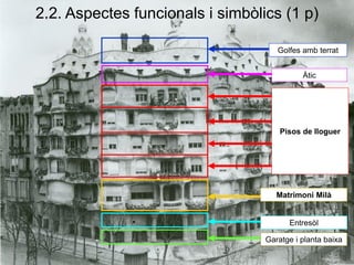 Garatge i planta baixa
Matrimoni Milà
Entresòl
Pisos de lloguer
Àtic
Golfes amb terrat
2.2. Aspectes funcionals i simbòlics (1 p)
 