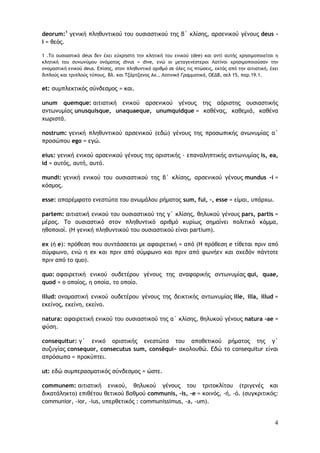 4
deorum:1
γενική πληθυντικού του ουσιαστικού της β΄ κλίσης, αρσενικού γένους deus -
i = θεός.
1 .Το ουσιαστικό deus δεν έχει εύχρηστη την κλητική του ενικού (dee) και αντί αυτής χρησιμοποιείται η
κλητική του συνωνύμου ονόματος divus = dive, ενώ οι μεταγενέστεροι Λατίνοι χρησιμοποιούσαν την
ονομαστική ενικού deus. Επίσης, στον πληθυντικό αριθμό σε όλες τις πτώσεις, εκτός από την αιτιατική, έχει
διπλούς και τριπλούς τύπους. Βλ. και Τζάρτζανος Αχ., Λατινική Γραμματική, ΟΕΔΒ, σελ 15, παρ.19.1.
et: συμπλεκτικός σύνδεσμος = και.
unum quemque: αιτιατική ενικού αρσενικού γένους της αόριστης ουσιαστικής
αντωνυμίας unusquisque, unaquaeque, unumquidque = καθένας, καθεμιά, καθένα
χωριστά.
nostrum: γενική πληθυντικού αρσενικού (εδώ) γένους της προσωπικής ανωνυμίας α΄
προσώπου ego = εγώ.
eius: γενική ενικού αρσενικού γένους της οριστικής - επαναληπτικής αντωνυμίας is, ea,
id = αυτός, αυτή, αυτό.
mundi: γενική ενικού του ουσιαστικού της β΄ κλίσης, αρσενικού γένους mundus -i =
κόσμος.
esse: απαρέμφατο ενεστώτα του ανωμάλου ρήματος sum, fui, -, esse = είμαι, υπάρχω.
partem: αιτιατική ενικού του ουσιαστικού της γ΄ κλίσης, θηλυκού γένους pars, partis =
μέρος. Το ουσιαστικό στον πληθυντικό αριθμό κυρίως σημαίνει πολιτικό κόμμα,
ηθοποιοί. (Η γενική πληθυντικού του ουσιαστικού είναι partium).
ex (ή e): πρόθεση που συντάσσεται με αφαιρετική = από (Η πρόθεση e τίθεται πριν από
σύμφωνο, ενώ η ex και πριν από σύμφωνο και πριν από φωνήεν και σχεδόν πάντοτε
πριν από το quo).
quo: αφαιρετική ενικού ουδετέρου γένους της αναφορικής αντωνυμίας qui, quae,
quod = ο οποίος, η οποία, το οποίο.
illud: ονομαστική ενικού ουδετέρου γένους της δεικτικής αντωνυμίας ille, illa, illud =
εκείνος, εκείνη, εκείνο.
natura: αφαιρετική ενικού του ουσιαστικού της α΄ κλίσης, θηλυκού γένους natura -ae =
φύση.
consequitur: γ΄ ενικό οριστικής ενεστώτα του αποθετικού ρήματος της γ΄
συζυγίας consequor, consecutus sum, consěqui= ακολουθώ. Εδώ το consequitur είναι
απρόσωπο = προκύπτει.
ut: εδώ συμπερασματικός σύνδεσμος = ώστε.
communem: αιτιατική ενικού, θηλυκού γένους του τριτοκλίτου (τριγενές και
δικατάληκτο) επιθέτου θετικού βαθμού communis, -is, -e = κοινός, -ή, -ό. (συγκριτικός:
communior, -ior, -ius, υπερθετικός : communissimus, -a, -um).
 