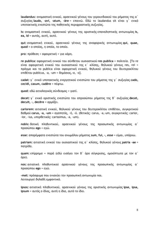 8
laudandus: ονομαστική ενικού, αρσενικού γένους του γερουνδιακού του ρήματος της α΄
συζυγίας laudo, -avi, -atum, -āre = επαινώ. Εδώ το laudandus sit είναι γ΄ ενικό
υποτακτικής ενεστώτα της παθητικής περιφραστικής συζυγίας.
is: ονομαστική ενικού, αρσενικού γένους της οριστικής-επαναληπτικής αντωνυμίας is,
ea, id = αυτός, αυτή, αυτό.
qui: ονομαστική ενικού, αρσενικού γένους της αναφορικής αντωνυμίας qui, quae,
quod = ο οποίος, η οποία, το οποίο.
pro: πρόθεση + αφαιρετική = για χάρη.
re publica: αφαιρετική ενικού του σύνθετου ουσιαστικού res publica = πολιτεία. [To re
είναι αφαιρετική ενικού του ουσιαστικού της ε΄ κλίσης, θηλυκού γένους res, rei =
πράγμα και το publica είναι αφαιρετική ενικού, θηλυκού γένους του δευτεροκλίτου
επιθέτου publicus, -a, -um = δημόσιος,-α, -ο].
cadat: γ΄ ενικό υποτακτικής ενεργητικού ενεστώτα του ρήματος της γ΄ συζυγίας cado,
cecidi, casum, cadĕre = πέφτω.
quod: εδώ αιτιολογικός σύνδεσμος = γιατί.
decet: γ΄ ενικό οριστικής ενεστώτα του απροσώπου ρήματος της β΄ συζυγίας decet,
decuit, -, decēre = αρμόζει.
cariorem: αιτιατική ενικού, θηλυκού γένους του δευτεροκλίτου επιθέτου, συγκριτικού
βαθμού carus, -a, -um = αγαπητός, -ή, -ό. (θετικός: carus, -a,-um, συγκριτικός: carior,
-ior, -ius, υπερθετικός: carissimus, -a, -um).
nobis: δοτική πληθυντικού, αρσενικού γένους της προσωπικής αντωνυμίας α΄
προσώπου ego = εγώ.
esse: απαρέμφατο ενεστώτα του ανωμάλου ρήματος sum, fui, -, esse = είμαι, υπάρχω.
patriam: αιτιατική ενικού του ουσιαστικού της α΄ κλίσης, θηλυκού γένους patria -ae =
πατρίδα.
quam: επίρρημα = παρά (εδώ εισάγει τον β΄ όρο σύγκρισης, ομοιόπτωτα με τον α΄
όρο).
nos: αιτιατική πληθυντικού αρσενικού γένους της προσωπικής αντωνυμίας α΄
προσώπου ego = εγώ.
-met: πρόσφυμα που ενισχύει την προσωπική αντωνυμία nos.
Λειτουργεί δηλαδή εμφαντικά.
ipsos: αιτιατική πληθυντικού, αρσενικού γένους της οριστικής αντωνυμίας ipse, ipsa,
ipsum = αυτός ο ίδιος, αυτή η ίδια, αυτό το ίδιο.
 