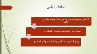 ‫الناس‬ ‫اخالف‬
‫االنصار‬:‫وتحصنون‬ ‫اصلنا‬ ‫من‬ ‫تخزلونا‬ ‫ان‬ ‫تريدون‬‫من‬ ‫ا‬
‫االمر‬
‫عمر‬:‫اسلم‬ ‫من‬ ‫اول‬ ‫المهاجرين‬ ‫نحن‬.....
‫انصاري‬ ‫رجل‬:‫الضجي‬ ‫وكثر‬ ‫امير‬ ‫ومنكم‬ ‫امير‬ ‫منا‬‫ج‬
 