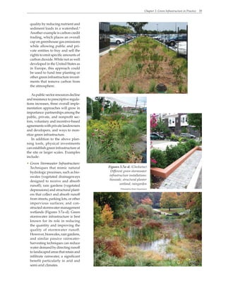 Chapter 3. Green Infrastructure in Practice 35
quality by reducing nutrient and
sediment loads in a watershed.6
Another example is carbon credit
trading, which places an overall
cap on greenhouse gas emissions
while allowing public and pri-
vate entities to buy and sell the
rights to emit specific amounts of
carbon dioxide. While not as well
developed in the United States as
in Europe, this approach could
be used to fund tree planting or
other green infrastructure invest-
ments that remove carbon from
the atmosphere.
Aspublic-sectorresourcesdecline
and resistance to prescriptive regula-
tions increases, three overall imple-
mentation approaches will grow in
importance: partnerships among the
public, private, and nonprofit sec-
tors, voluntary and incentive-based
agreementswithprivatelandowners
and developers, and ways to mon-
etize green infrastructure.
In addition to the above plan-
ning tools, physical investments
can establish green infrastructure at
the site or larger scales. Examples
include:
• Green Stormwater Infrastructure:
Techniques that mimic natural
hydrologic processes, such as bio-
swales (vegetated drainageways
designed to receive and absorb
runoff); rain gardens (vegetated
depressions) and structural plant-
ers that collect and absorb runoff
from streets, parking lots, or other
impervious surfaces; and con-
structed stormwater-management
wetlands (Figures 3.7a–d). Green
stormwater infrastructure is best
known for its role in reducing
the quantity and improving the
quality of stormwater runoff.
However, bioswales, rain gardens,
and similar passive rainwater-
harvesting techniques can reduce
water demand by directing runoff
tolandscapedareasthatretainand
infiltrate rainwater, a significant
benefit particularly in arid and
semi-arid climates.
Figures 3.7a–d. (Clockwise)
Different green stormwater
infrastructure installations:
bioswale, structural planter
wetland, raingarden
Philadelphia Water Department
 