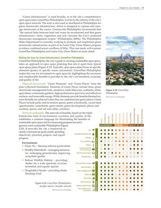 Chapter 4. Case Studies 69
“Green infrastructure” is used broadly, as in the city’s comprehensive
open space plan, GreenPlan Philadelphia, to refer to the entirety of the city’s
open space network. The term is also used as shorthand in Philadelphia for
green stormwater infrastructure, which is designed to capture and man-
age stormwater at the source. Greenworks Philadelphia recommends that
“the natural links between land and water be reconnected and that green
infrastructure—trees, vegetation and soil—become the City’s preferred
stormwater management system” (Philadelphia 2009a). The Philadelphia
Water Department is currently working to promote and implement green
stormwater infrastructure as part of its Green City, Clean Waters program
to reduce combined sewer overflows (CSOs). This case study will examine
GreenPlan Philadelphia and Green City, Clean Waters in more detail.
Making the Case for Green Infrastructure: GreenPlan Philadelphia
GreenPlan Philadelphia, the city’s guide to creating sustainable open space,
takes an approach to open space planning that sets it apart from typical
open space plans (Figure 4.19). Typically, open space plans focus on specific
elements (parks) or specific issues (recreation). GreenPlan Philadelphia
makes the case for investment in open space by highlighting the necessary
and irreplaceable benefits it provides to the city’s environment, economy,
and quality of life.
Physical Framework. “Green Elements” and “Green Places” form the
plan’s physical foundation. Elements of Green Places include trees, green
stormwater management tools, meadows, trails, bikeways, wetlands, urban
agriculture, community gardens, high-performance (pervious and reflective)
surfaces, and renewable energy. While elements provide benefits themselves,
more benefits are achieved when they are combined into green places. Green
Places include parks and recreation spaces, green schoolyards, vacant land
opportunities, waterfronts, green streets, green development, plazas and
auxiliary spaces, and rail and utility corridors.
Network of Benefits. The network of benefits, based on the triple-
bottom-line triad of environment, economy, and quality of life,
establishes a common language for illuminating the benefits of
sustainable open space and for measuring progress toward a
greener, more sustainable Philadelphia (Figure
4.20). It provides the city a framework to
clearlycommunicategoals,justifyspending,
objectively prioritize projects, and report
progress.
Environment
• Clean Air – filtering airborne particulates
• Healthy Watersheds – managing stormwa-
ter, recharging groundwater, improving
ecosystem quality
• Robust Wildlife Habitat – providing
shelter for a wide spectrum of avian,
terrestrial, and aquatic species
• Hospitable Climate – providing shade,
blocking wind
Figure 4.19. GreenPlan
Philadelphia
WRT for the City of Philadelphia
Figure 4.20. GreenPlan Philadelphia’s
benefits matrix / benefits network
WRT for the City of Philadelphia
 