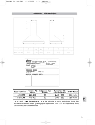 23
FR
Dimensions Caractéristiques
SANTANDER (E)
Campana decorativa
Código Técnico *
Serial n°: A-00000
Potencia nom. lámpara:
Poténcia nom. lámpada:
Puissance lampes.:
Lamps rate:
Code Technique
Tension (V)
Réseau
Fréquence (Hz)
Réseau
Puissance (W)
Lumières / Moteur
Débit Moteur
114211DM 220-240 50 2x40 / 250 800 m
3
/h
134211DM 110-127 60 2x40 / 280 750 m
3
/h
La Société TEKA INDUSTRIAL S.A. se réserve le droit d'introduire dans ses
appareils les modifications qu'elle jugera opportunes sans pour autant modifier leurs
caractéristiques fondamentales.
Manual DM TEKA.qxd 14/04/2003 11:42 PÆgina 23
 