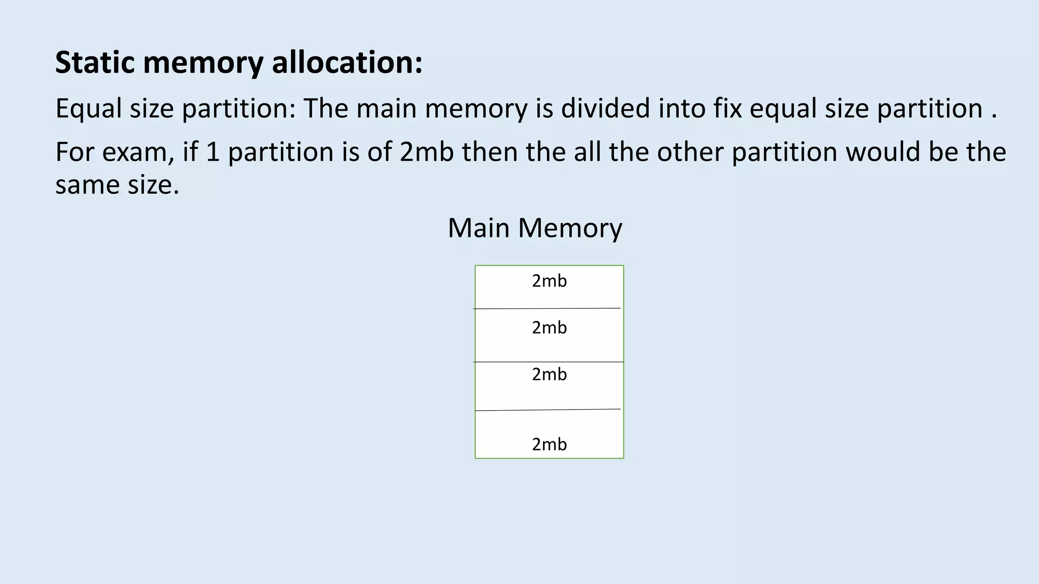Static memory allocation:
Equal size partition: The main memory is divided into fix equal size partition .
For exam, if 1 partition is of 2mb then the all the other partition would be the
same size.
Main Memory
2mb
2mb
2mb
2mb
 
