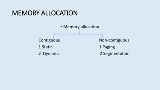 MEMORY ALLOCATION
• Memory allocation
Contiguous Non-contiguous
1 Static 1 Paging
2 Dynamic 2 Segmentation
 
