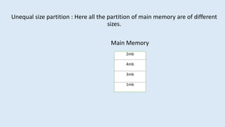 Unequal size partition : Here all the partition of main memory are of different
sizes.
Main Memory
2mb
4mb
3mb
1mb
 