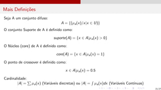 Mais Definições
Seja A um conjunto difuso:
A = {(µa(x)/x|x ∈ U)}
O conjunto Suporte de A é definido como:
suporte(A) = {x ∈ A|µa(x) > 0}
O Núcleo (core) de A é definido como:
core(A) = {x ∈ A|µa(x) = 1}
O ponto de crossover é definido como:
x ∈ A|µa(x) = 0.5
Cardinalidade:
|A| =
P
µa(x) (Variáveis diecretas) ou |A| =
R
µa(x)dx (Variáveis Contı́nuas)
21/27
 