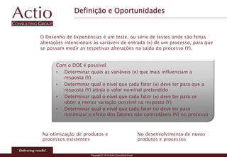 Copyright © 2016 Actio Consulting Group
Definição e Oportunidades
Com o DOE é possível:
• Determinar quais as variáveis (x) que mais influenciam a
resposta (Y)
• Determinar qual o nível que cada fator (x) deve ter para que a
resposta (Y) atinja o valor nominal pretendido
• Determinar qual o nível que cada fator (x) deve ter para se
obter a menor variação possível na resposta (Y)
• Determinar qual o nível que cada fator (x) deve ter para
minimizar o efeito dos fatores não controláveis (N) no processo
O Desenho de Experiências é um teste, ou série de testes onde são feitas
alterações intencionais às variáveis de entrada (x) de um processo, para que
se possam medir as respetivas alterações na saída do processo (Y).
No desenvolvimento de novos
produtos e processos
Na otimização de produtos e
processos existentes
 