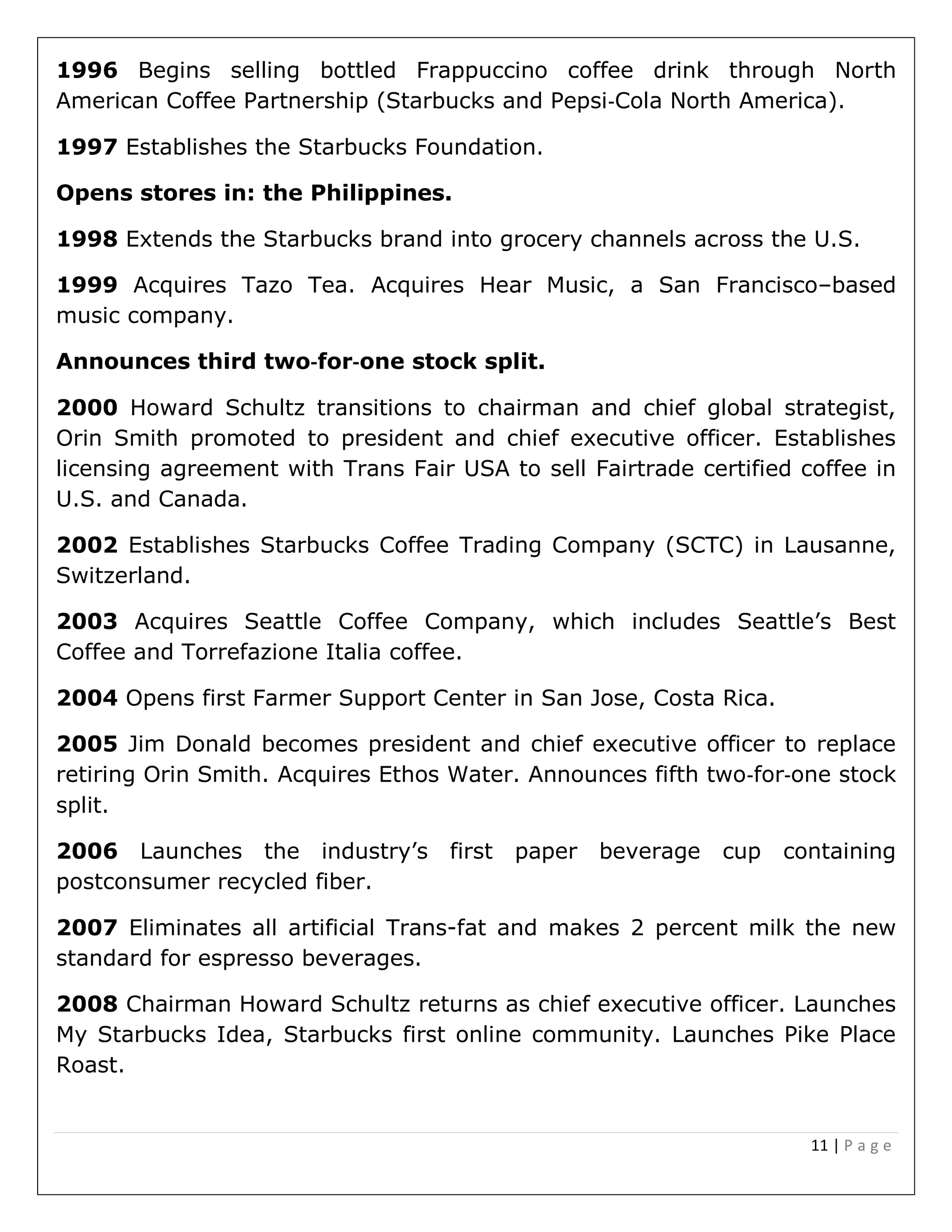 11 | P a g e
1996 Begins selling bottled Frappuccino coffee drink through North
American Coffee Partnership (Starbucks and Pepsi‐Cola North America).
1997 Establishes the Starbucks Foundation.
Opens stores in: the Philippines.
1998 Extends the Starbucks brand into grocery channels across the U.S.
1999 Acquires Tazo Tea. Acquires Hear Music, a San Francisco–based
music company.
Announces third two‐for‐one stock split.
2000 Howard Schultz transitions to chairman and chief global strategist,
Orin Smith promoted to president and chief executive officer. Establishes
licensing agreement with Trans Fair USA to sell Fairtrade certified coffee in
U.S. and Canada.
2002 Establishes Starbucks Coffee Trading Company (SCTC) in Lausanne,
Switzerland.
2003 Acquires Seattle Coffee Company, which includes Seattle’s Best
Coffee and Torrefazione Italia coffee.
2004 Opens first Farmer Support Center in San Jose, Costa Rica.
2005 Jim Donald becomes president and chief executive officer to replace
retiring Orin Smith. Acquires Ethos Water. Announces fifth two‐for‐one stock
split.
2006 Launches the industry’s first paper beverage cup containing
postconsumer recycled fiber.
2007 Eliminates all artificial Trans-fat and makes 2 percent milk the new
standard for espresso beverages.
2008 Chairman Howard Schultz returns as chief executive officer. Launches
My Starbucks Idea, Starbucks first online community. Launches Pike Place
Roast.
 