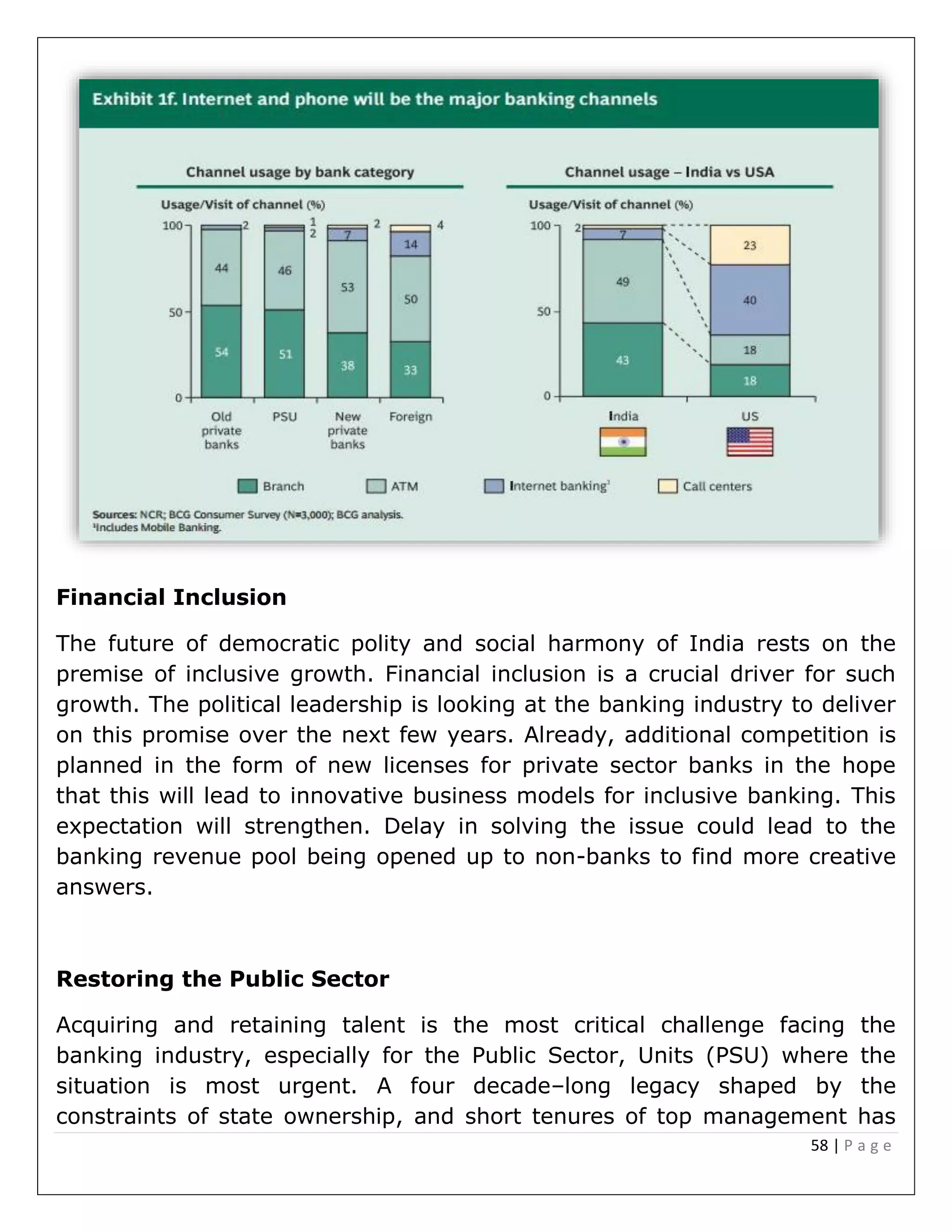 58 | P a g e
Financial Inclusion
The future of democratic polity and social harmony of India rests on the
premise of inclusive growth. Financial inclusion is a crucial driver for such
growth. The political leadership is looking at the banking industry to deliver
on this promise over the next few years. Already, additional competition is
planned in the form of new licenses for private sector banks in the hope
that this will lead to innovative business models for inclusive banking. This
expectation will strengthen. Delay in solving the issue could lead to the
banking revenue pool being opened up to non-banks to find more creative
answers.
Restoring the Public Sector
Acquiring and retaining talent is the most critical challenge facing the
banking industry, especially for the Public Sector, Units (PSU) where the
situation is most urgent. A four decade–long legacy shaped by the
constraints of state ownership, and short tenures of top management has
 