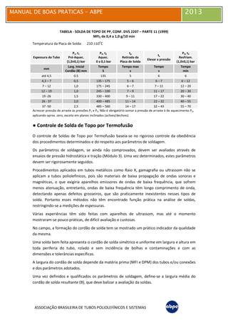 MANUAL DE BOAS PRÁTICAS - ABPE 2013
ASSOCIAÇÃO BRASILEIRA DE TUBOS POLIOLEFÍNICOS E SISTEMAS
TABELA - SOLDA DE TOPO DE PP, CONF. DVS 2207 – PARTE 11 (1999)
MFI5 de 0,4 a 1,0 g/10 min
Temperatura da Placa de Solda: 210 ±10
o
C
Espessura do Tubo
P1, t1
Pré-Aquec.
(1,0±0,1) bar
P2, t2
Aquec.
0 a 0,1 bar
tp
Retirada da
Placa de Solda
ts
Elevar a pressão
P3, t3
Resfriam.
(1,0±0,1) bar
mm
Larg. Inicial
Cordão (B) mm
Tempo
S
Tempo max
s
Tempo
s
Tempo
min
até 4,5 0.5 135 5 6 6
4,3 – 7 0,5 135 – 175 5 – 6 6 – 7 6 – 12
7 – 12 1,0 175 – 245 6 – 7 7 – 11 12 – 20
12 – 19 1,0 245 – 330 7 – 9 11 – 17 20 – 30
19 -26 1,5 330 – 400 9 – 11 17 – 22 30 – 40
26 - 37 2,0 400 – 485 11 – 14 22 – 32 40 – 55
37 -50 2,5 485 – 560 14 – 17 32 – 43 55 – 70
Acrescer pressão de arraste às pressões P1 e P3. Não é obrigatório somar a pressão de arraste à de aquecimento P2,
aplicando aprox. zero, exceto em planos inclinados (aclives/declives)
● Controle de Solda de Topo por Termofusão
O controle de Soldas de Topo por Termofusão baseia-se no rigoroso controle da obediência
dos procedimentos determinados e do respeito aos parâmetros de soldagem.
Os parâmetros de soldagem, se ainda não comprovados, devem ser avaliados através de
ensaios de pressão hidrostática e tração (Módulo 3). Uma vez determinados, estes parâmetros
devem ser rigorosamente seguidos.
Procedimentos aplicados em tubos metálicos como Raio X, gamagrafia ou ultrassom não se
aplicam a tubos poliolefínicos, pois são materiais de baixa propagação de ondas sonoras e
magnéticas, o que exigiria aparelhos emissores de ondas de baixa frequência, que sofrem
menos atenuação, entretanto, ondas de baixa frequência têm longo comprimento de onda,
detectando apenas defeitos grosseiros, que são praticamente inexistentes nesses tipos de
solda. Portanto esses métodos não têm encontrado função prática na análise de soldas,
restringindo-se a medições de espessuras.
Várias experiências têm sido feitas com aparelhos de ultrassom, mas até o momento
mostraram-se pouco práticas, de difícil avaliação e custosas.
No campo, a formação do cordão de solda tem se mostrado um prático indicador da qualidade
da mesma.
Uma solda bem feita apresenta o cordão de solda simétrico e uniforme em largura e altura em
toda periferia do tubo, rolado e sem incidência de bolhas e contaminações e com as
dimensões e tolerâncias específicas.
A largura do cordão de solda depende da matéria prima (MFI e DPM) dos tubos e/ou conexões
e dos parâmetros adotados.
Uma vez definidos e qualificados os parâmetros de soldagem, define-se a largura média do
cordão de solda resultante (B), que deve balizar a avaliação da soldas.
 
