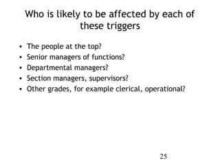 Who is likely to be affected by each of
                 these triggers
•   The people at the top?
•   Senior managers of ...
