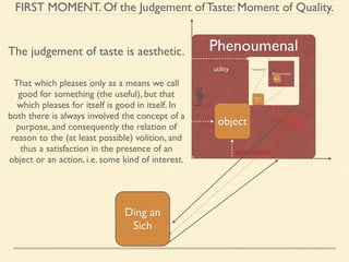 FIRST MOMENT. Of the Judgement of Taste: Moment of Quality. 
Phenoumenal 
logic 
object 
concept 
intuition 
aesthetic 
The judgement of taste is aesthetic. 
Ding an 
Sich 
utility 
feeling/ 
desire 
Noumenal 
That which pleases only as a means we call 
good for something (the useful), but that 
which pleases for itself is good in itself. In 
both there is always involved the concept of a 
purpose, and consequently the relation of 
reason to the (at least possible) volition, and 
thus a satisfaction in the presence of an 
object or an action, i.e. some kind of interest. 
 