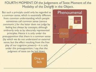 FOURTH MOMENT. Of the Judgement of Taste: Moment of the 
Modality of the Delight in the Object. 
Phenoumenal 
logic 
object 
concept 
intuition 
aesthetic 
Ding an 
Sich 
… Noumenal 
But such a principle could only be regarded as 
a common sense, which is essentially different 
from common understanding which people 
sometimes call common sense (sensus 
communis ); for the latter does not judge by 
feeling but always by concepts, although 
ordinarily only as by obscurely represented 
principles. Hence it is only under the 
presupposition that there is a common sense 
(by which we do not understand an external 
sense, but the effect resulting from the free 
play of our cognitive powers)—it is only 
under this presupposition, I say, that the 
judgment of taste can be laid down. 
beautiful/ 
sensus communis 
 