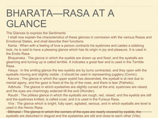 BHARATA—RASA AT A
GLANCE
The Glances to express the Sentiments
I shall now explain the characteristics of these glances in connexion with the various Rasas and
Emotional States, and shall describe their functions.
Kanta : When with a feeling of love a person contracts his eyebrows and castes a sidelong
look, he is said to have a pleasing glance which has its origin in joy and pleasure. It is used in
the Erotic Rasa.
Bhayanaka : The glance in which the eyelids are drawn up and fixed, and the eyeballs are
gleaming and turning up is called terrible. It indicates a great fear and is used in the Terrible
Rasa.
Hasya : In the smiling glance the two eyelids are by turns contracted, and they open with the
eyeballs moving and slightly visible ; it should be used in representing jugglery (Comic).
Karuna : The glance in which the upper eyelid has descended, the eyeball is at rest due to
mental agony, and the gaze is fixed at the tip of the nose, and there is tear (Pathetic).
Adbhuta : The glance in which eyelashes are slightly curved at the end, eyebrows are raised,
and the eyes are charmingly widened till the end (Wonder).
Raudri : The pitiless glance in which the eyeballs are rough, red, raised, and the eyelids are still
and the eyebrows knitted, is called cruel, and it is used in the Furious Rasa.
Vira : The glance which is bright, fully open, agitated, serious, and in which eyeballs are level is
used in the Heroic Rasa.
Blbhatsii : The glance in which the corners of the eyes are nearly covered by eyelids, the
eyeballs are disturbed in disgust and the eyelashes are still and close to each other (Vile).
 