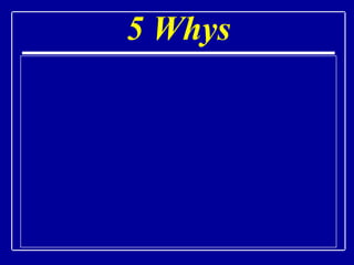 5 Whys The U.S. Standard railroad gauge (distance between the rail tracks) is 4 feet and 8.5 inches, which is a very odd number Why  was that gauge used? Because that is the way they built the railroads in England, and the U.S. railroads were built by English expatriates    Why  did the English people build them like that? Because the first railroads were built by the same people who built the pre-railroad tramways, and that is the gauge they used    Why  did “they” use that gauge then?    Why  did the wagons use that odd wheel spacing?    Why  did the old wheel ruts have that distance for the wheel spacing? Because if they tried to use any other spacing, the wagons would break on some of the old, long distance roads because that was the spacing of the old wheel ruts Because the first long distance roads in Europe were built by Rome for the benefit of their legions, and the ruts were the spacing of Roman war chariots based on the back ends of 2 horses Because the people who built the pre-railroad tramways used the same jigs and tools they used for building wagons, which used that wheel spacing 