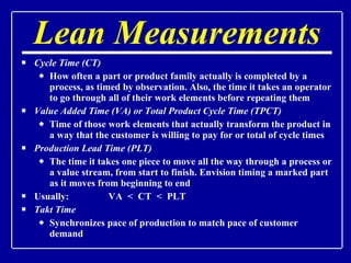 Cycle Time (CT) How often a part or product family actually is completed by a process, as timed by observation. Also, the time it takes an operator to go through all of their work elements before repeating them Value Added Time (VA) or Total Product Cycle Time (TPCT) Time of those work elements that actually transform the product in a way that the customer is willing to pay for or total of cycle times  Production Lead Time (PLT) The time it takes one piece to move all the way through a process or a value stream, from start to finish. Envision timing a marked part as it moves from beginning to end Usually:   VA  <  CT  <  PLT Takt Time Synchronizes pace of production to match pace of customer demand Lean Measurements 
