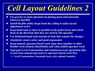 Cell Layout Guidelines 2 Use gravity to assist operators in placing parts and materials wherever possible Install flexible utility drops from the ceiling to make layout adjustment easier Keep hand tools as close as possible to the point of use and orient them in the direction that they are used by the operator Use dedicated hand tools instead of tools that require bit changes Absolutely ensure safety and good ergonomics Keep manual, operator-based work steps close together to allow flexible work element distribution and value-added operator work Segregate Level 5 automation and continuous-cycle operations (like ovens) from manual operators or operator-based work flow Level 5 automation (Automatic load, cycle, unload, transfer) 