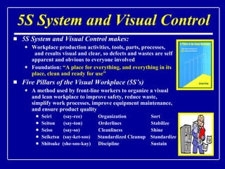 5S System and Visual Control 5S System and Visual Control makes: Workplace production activities, tools, parts, processes,  and results visual and clear, so defects and wastes are self apparent and obvious to everyone involved Foundation:  “A place for everything, and everything in its place, clean and ready for use”  Five Pillars of the Visual Workplace (5S’s) A method used by front-line workers to organize a visual and lean workplace to improve safety, reduce waste, simplify work processes, improve equipment maintenance, and ensure product quality Seiri    (say-ree)  Organization   Sort Seiton    (say-ton)  Orderlines   Stabilize Seiso    (say-so)   Cleanliness     Shine Seiketsu  (say-ket-soo)  Standardized Cleanup  Standardize Shitsuke  (she-soo-kay)  Discipline   Sustain 