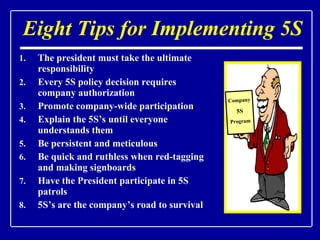 Eight Tips for Implementing 5S The president must take the ultimate responsibility Every 5S policy decision requires company authorization Promote company-wide participation Explain the 5S’s until everyone understands them Be persistent and meticulous Be quick and ruthless when red-tagging and making signboards Have the President participate in 5S patrols 5S’s are the company’s road to survival Company 5S Program 