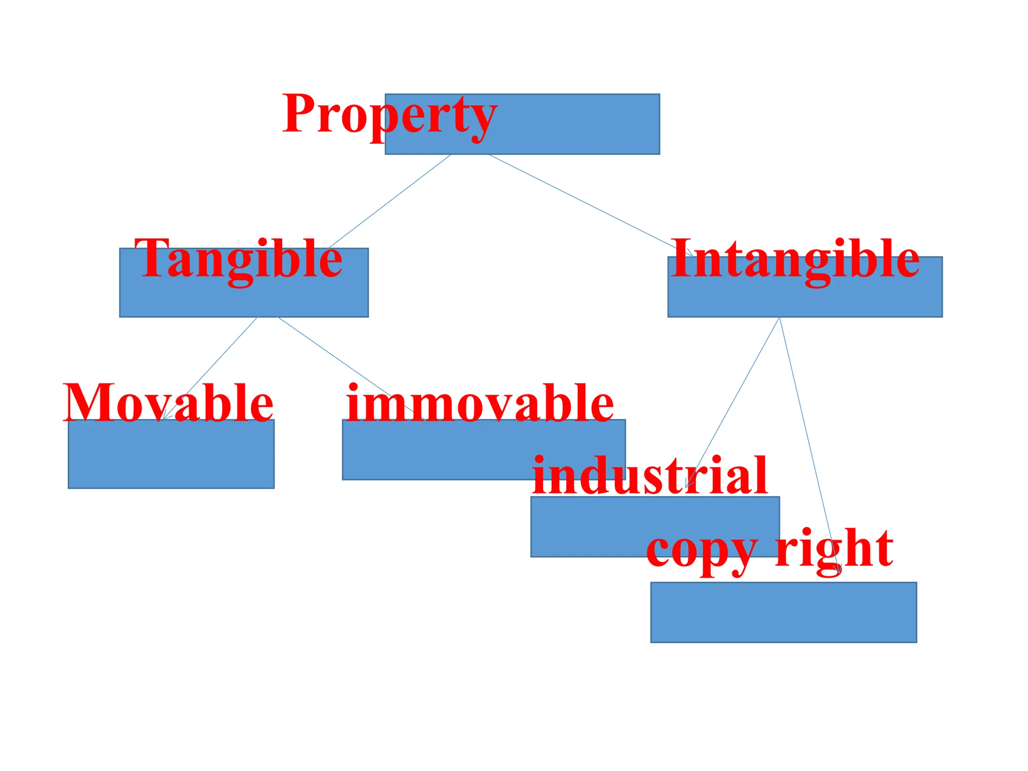 Property
Tangible Intangible
Movable immovable
industrial
copy right
 