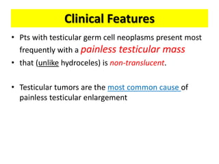 Clinical Features
• Pts with testicular germ cell neoplasms present most
frequently with a painless testicular mass
• that (unlike hydroceles) is non-translucent.
• Testicular tumors are the most common cause of
painless testicular enlargement
 