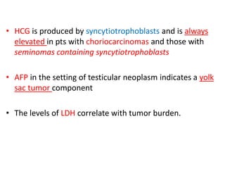 • HCG is produced by syncytiotrophoblasts and is always
elevated in pts with choriocarcinomas and those with
seminomas containing syncytiotrophoblasts
• AFP in the setting of testicular neoplasm indicates a yolk
sac tumor component
• The levels of LDH correlate with tumor burden.
 