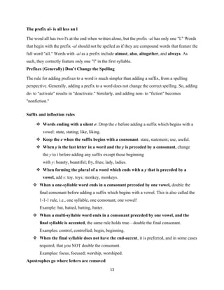 The prefix al- is all less an l
The word all has two l's at the end when written alone, but the prefix -al has only one "l." Words
that begin with the prefix -al should not be spelled as if they are compound words that feature the
full word "all." Words with -al as a prefix include almost, also, altogether, and always. As
such, they correctly feature only one "l" in the first syllable.
Prefixes (Generally) Don’t Change the Spelling
The rule for adding prefixes to a word is much simpler than adding a suffix, from a spelling
perspective. Generally, adding a prefix to a word does not change the correct spelling. So, adding
de- to "activate" results in "deactivate." Similarly, and adding non- to "fiction" becomes
"nonfiction."
Suffix and inflection rules
 Words ending with a silent e: Drop the e before adding a suffix which begins with a
vowel: state, stating; like, liking.
 Keep the e when the suffix begins with a consonant: state, statement; use, useful.
 When y is the last letter in a word and the y is preceded by a consonant, change
the y to i before adding any suffix except those beginning
with y: beauty, beautiful; fry, fries; lady, ladies.
 When forming the plural of a word which ends with a y that is preceded by a
vowel, add s: toy, toys; monkey, monkeys.
 When a one-syllable word ends in a consonant preceded by one vowel, double the
final consonant before adding a suffix which begins with a vowel. This is also called the
1-1-1 rule, i.e., one syllable, one consonant, one vowel!
Example: bat, batted, batting, batter.
 When a multi-syllable word ends in a consonant preceded by one vowel, and the
final syllable is accented, the same rule holds true—double the final consonant.
Examples: control, controlled; begin, beginning.
 When the final syllable does not have the end-accent, it is preferred, and in some cases
required, that you NOT double the consonant.
Examples: focus, focused; worship, worshiped.
Apostrophes go where letters are removed
13
 