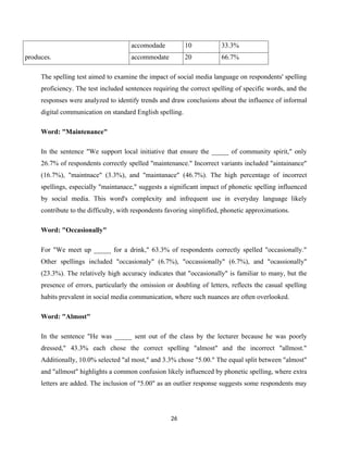 produces.
accomodade 10 33.3%
accommodate 20 66.7%
The spelling test aimed to examine the impact of social media language on respondents' spelling
proficiency. The test included sentences requiring the correct spelling of specific words, and the
responses were analyzed to identify trends and draw conclusions about the influence of informal
digital communication on standard English spelling.
Word: "Maintenance"
In the sentence "We support local initiative that ensure the _____ of community spirit," only
26.7% of respondents correctly spelled "maintenance." Incorrect variants included "aintainance"
(16.7%), "maintnace" (3.3%), and "maintanace" (46.7%). The high percentage of incorrect
spellings, especially "maintanace," suggests a significant impact of phonetic spelling influenced
by social media. This word's complexity and infrequent use in everyday language likely
contribute to the difficulty, with respondents favoring simplified, phonetic approximations.
Word: "Occasionally"
For "We meet up _____ for a drink," 63.3% of respondents correctly spelled "occasionally."
Other spellings included "occasionaly" (6.7%), "occassionally" (6.7%), and "ocassionally"
(23.3%). The relatively high accuracy indicates that "occasionally" is familiar to many, but the
presence of errors, particularly the omission or doubling of letters, reflects the casual spelling
habits prevalent in social media communication, where such nuances are often overlooked.
Word: "Almost"
In the sentence "He was _____ sent out of the class by the lecturer because he was poorly
dressed," 43.3% each chose the correct spelling "almost" and the incorrect "allmost."
Additionally, 10.0% selected "al most," and 3.3% chose "5.00." The equal split between "almost"
and "allmost" highlights a common confusion likely influenced by phonetic spelling, where extra
letters are added. The inclusion of "5.00" as an outlier response suggests some respondents may
26
 