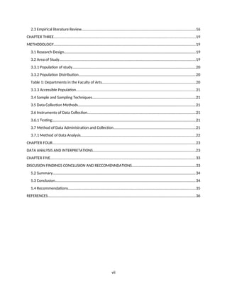 2.3 Empirical literature Review..............................................................................................................16
CHAPTER THREE........................................................................................................................................19
METHODOLOGY.........................................................................................................................................19
3.1 Research Design...............................................................................................................................19
3.2 Area of Study...................................................................................................................................19
3.3.1 Population of study.......................................................................................................................20
3.3.2 Population Distribution.................................................................................................................20
Table 1: Departments in the Faculty of Arts..........................................................................................20
3.3.3 Accessible Population...................................................................................................................21
3.4 Sample and Sampling Techniques...................................................................................................21
3.5 Data Collection Methods.................................................................................................................21
3.6 Instruments of Data Collection........................................................................................................21
3.6.1 Testing:.........................................................................................................................................21
3.7 Method of Data Administration and Collection...............................................................................21
3.7.1 Method of Data Analysis...............................................................................................................22
CHAPTER FOUR..........................................................................................................................................23
DATA ANALYSIS AND INTERPRETATIONS...................................................................................................23
CHAPTER FIVE............................................................................................................................................33
DISCUSION FINDINGS CONCLUSION AND RECCOMENNDATIONS.............................................................33
5.2 Summary..........................................................................................................................................34
5.3 Conclusion.......................................................................................................................................34
5.4 Recommendations...........................................................................................................................35
REFERENCES..............................................................................................................................................36
vii
 