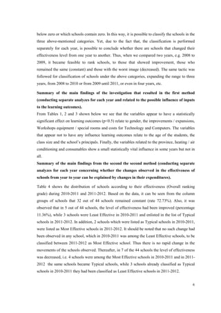 6
below zero or which schools contain zero. In this way, it is possible to classify the schools in the
three above-mentioned categories. Yet, due to the fact that, the classification is performed
separately for each year, is possible to conclude whether there are schools that changed their
effectiveness level from one year to another. Thus, when we compared two years, e.g. 2008 to
2009, it became feasible to rank schools, to those that showed improvement, those who
remained the same (constant) and those with the worst image (decreased). The same tactic was
followed for classification of schools under the above categories, expanding the range to three
years, from 2008 to 2010 or from 2009 until 2011, or even in four years, etc.
Summary of the main findings of the investigation that resulted in the first method
(conducting separate analyzes for each year and related to the possible influence of inputs
to the learning outcomes).
From Tables 1, 2 and 3 shown below we see that the variables appear to have a statistically
significant effect on learning outcomes (p<0.5) relate to gender, the improvements / expansions,
Workshops equipment / special rooms and costs for Technology and Computers. The variables
that appear not to have any influence learning outcomes relate to the age of the students, the
class size and the school’s principals. Finally, the variables related to the province, heating / air
conditioning and consumables show a small statistically vital influence in some years but not in
all.
Summary of the main findings from the second the second method (conducting separate
analyzes for each year concerning whether the changes observed in the effectiveness of
schools from year to year can be explained by changes in their expenditures).
Table 4 shows the distribution of schools according to their effectiveness (Overall ranking
grade) during 2010-2011 and 2011-2012. Based on the data, it can be seen from the column
groups of schools that 32 out of 44 schools remained constant (rate 72.73%). Also, it was
observed that in 5 out of 44 schools, the level of effectiveness had been improved (percentage
11.36%), while 3 schools were Least Effective in 2010-2011 and enlisted in the list of Typical
schools in 2011-2012. In addition, 2 schools which were listed as Typical schools in 2010-2011,
were listed as Most Effective schools in 2011-2012. It should be noted that no such change had
been observed in any school, which in 2010-2011 was among the Least Effective schools, to be
classified between 2011-2012 as Most Effective school. Thus there is no rapid change in the
movements of the schools observed. Thereafter, in 7 of the 44 schools the level of effectiveness
was decreased, i.e. 4 schools were among the Most Effective schools in 2010-2011 and in 2011-
2012 the same schools became Typical schools, while 3 schools already classified as Typical
schools in 2010-2011 they had been classified as Least Effective schools in 2011-2012.
 