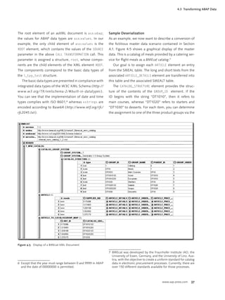 4.3 Transforming ABAP Data




The root element of an asXML document is asx:abap;             Sample Deserialization
the values for ABAP data types are asx:values. In our          As an example, we now want to describe a conversion of
example, the only child element of asx:values is the           the ﬁctitious master data scenario contained in Section
ROOT element, which contains the values of the SOURCE          A.1. Figure 4.5 shows a graphical display of the master
parameter in the above CALL TRANSFORMATION call. This          data. This is a catalog of meals provided by a catering ser-
parameter is assigned a structure, root, whose compo-          vice for ﬂight meals as a BMEcat catalog.7
nents are the child elements of the XML element ROOT.             Our goal is to assign each ARTICLE element an entry
The components correspond to the basic data types of           from the SMEAL table. The long and short texts from the
the l_typ_test structure.                                      associated ARTICLE_DETAILS element are transferred into
   The basic data types are presented in compliance with       this table and the associated SMEALT table.
integrated data types of the W3C XML Schema ( http://             The CATALOG_STRUCTURE element provides the struc-
www.w3.org/ TR /xmlschema-2/# built-in-datatypes ).            ture of the contents of the GROUP_ID element. If the
You can see that the implementation of date and time           ID begins with the string “DT1010”, then it refers to
types complies with ISO 8601, 6 whereas xstrings are           main courses, whereas “DT1020” refers to starters and
encoded according to Base64 ( http://www.ietf.org/rfc/         “DT1030” to desserts. For each item, you can determine
rfc2045.txt ).                                                 the assignment to one of the three product groups via the




Figure 4.5 Display of a BMEcat XML Document

                                                               7 BMEcat was developed by the Fraunhofer Institute IAO, the
                                                                 University of Essen, Germany, and the University of Linz, Aus-
                                                                 tria, with the objective to create a uniform standard for catalog
6 Except that the year must range between 0 and 9999 in ABAP     data in electronic procurement processes. Currently, there are
  and the date of 00000000 is permitted.                         over 150 different standards available for those processes.



                                                                                                        www.sap-press.com      37
 
