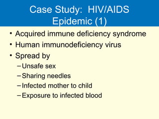 Case Study: HIV/AIDS
Epidemic (1)
• Acquired immune deficiency syndrome
• Human immunodeficiency virus
• Spread by
–Unsafe sex
–Sharing needles
–Infected mother to child
–Exposure to infected blood
 