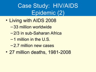 Case Study: HIV/AIDS
Epidemic (2)
• Living with AIDS 2008
–33 million worldwide
–2/3 in sub-Saharan Africa
–1 million in the U.S.
–2.7 million new cases
• 27 million deaths, 1981-2008
 