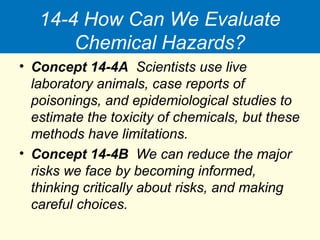 14-4 How Can We Evaluate
Chemical Hazards?
• Concept 14-4A Scientists use live
laboratory animals, case reports of
poisonings, and epidemiological studies to
estimate the toxicity of chemicals, but these
methods have limitations.
• Concept 14-4B We can reduce the major
risks we face by becoming informed,
thinking critically about risks, and making
careful choices.
 