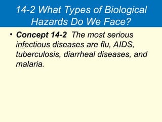 14-2 What Types of Biological
Hazards Do We Face?
• Concept 14-2 The most serious
infectious diseases are flu, AIDS,
tuberculosis, diarrheal diseases, and
malaria.
 