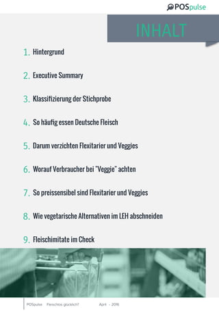 POSpulse April 2016-Fleischlos glücklich?
INHALT
Hintergrund
Executive Summary
So häufig essen Deutsche Fleisch
Klassifizierung der Stichprobe
1.
2.
3.
4.
Darum verzichten Flexitarier und Veggies5.
Worauf Verbraucher bei "Veggie" achten6.
So preissensibel sind Flexitarier und Veggies7.
Wie vegetarische Alternativen im LEH abschneiden8.
Fleischimitate im Check9.
 