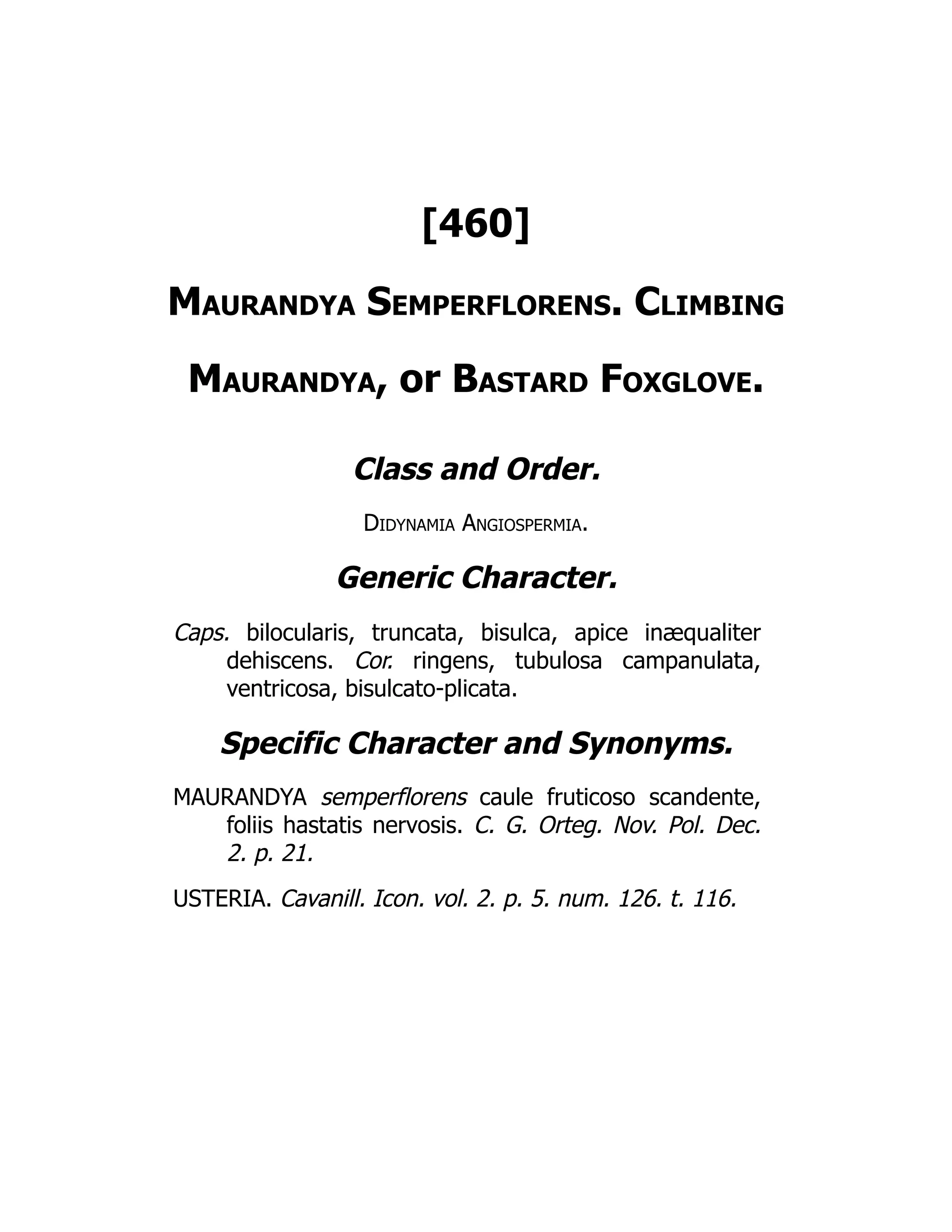 [460]
Maurandya Semperflorens. Climbing
Maurandya, or Bastard Foxglove.
Class and Order.
Didynamia Angiospermia.
Generic Character.
Caps. bilocularis, truncata, bisulca, apice inæqualiter
dehiscens. Cor. ringens, tubulosa campanulata,
ventricosa, bisulcato-plicata.
Specific Character and Synonyms.
MAURANDYA semperflorens caule fruticoso scandente,
foliis hastatis nervosis. C. G. Orteg. Nov. Pol. Dec.
2. p. 21.
USTERIA. Cavanill. Icon. vol. 2. p. 5. num. 126. t. 116.
 