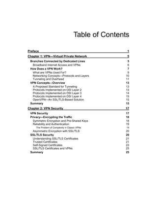 Table of Contents
Preface 1
Chapter 1: VPN—Virtual Private Network 5
Branches Connected by Dedicated Lines 5
Broadband Internet Access and VPNs 6
How Does a VPN Work? 7
What are VPNs Used For? 9
Networking Concepts—Protocols and Layers 10
Tunneling and Overhead 11
VPN Concepts—Overview 13
A Proposed Standard for Tunneling 13
Protocols Implemented on OSI Layer 2 13
Protocols Implemented on OSI Layer 3 14
Protocols Implemented on OSI Layer 4 15
OpenVPN—An SSL/TLS-Based Solution 15
Summary 15
Chapter 2: VPN Security 17
VPN Security 17
Privacy—Encrypting the Traffic 18
Symmetric Encryption and Pre-Shared Keys 18
Reliability and Authentication 19
The Problem of Complexity in Classic VPNs 19
Asymmetric Encryption with SSL/TLS 20
SSL/TLS Security 20
Understanding SSL/TLS Certificates 21
Trusted Certificates 21
Self-Signed Certificates 23
SSL/TLS Certificates and VPNs 25
Summary 25
 