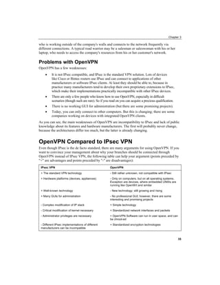 Chapter 3
who is working outside of the company's walls and connects to the network frequently via
different connections. A typical road warrior may be a salesman or saleswoman with his or her
laptop, who needs to access the company's resources from his or her customer's network.
Problems with OpenVPN
OpenVPN has a few weaknesses:
• It is not IPsec compatible, and IPsec is the standard VPN solution. Lots of devices
like Cisco or Bintec routers use IPsec and can connect to applications of other
manufacturers or software IPsec clients. At least they should be able to, because in
practice many manufacturers tend to develop their own proprietary extensions to IPsec,
which make their implementations practically incompatible with other IPsec devices.
• There are only a few people who know how to use OpenVPN, especially in difficult
scenarios (though such are rare). So if you read on you can acquire a precious qualification.
• There is no working GUI for administration (but there are some promising projects).
• Today, you can only connect to other computers. But this is changing; there are some
companies working on devices with integrated OpenVPN clients.
As you can see, the main weaknesses of OpenVPN are incompatibility to IPsec and lack of public
knowledge about its features and hardware manufacturers. The first will probably never change,
because the architectures differ too much, but the latter is already changing.
OpenVPN Compared to IPsec VPN
Even though IPsec is the de facto standard, there are many arguments for using OpenVPN. If you
want to convince your management about why your branches should be connected through
OpenVPN instead of IPsec VPN, the following table can help your argument (points preceded by
"+" are advantages and points preceded by "-" are disadvantages):
IPsec VPN OpenVPN
+ The standard VPN technology - Still rather unknown, not compatible with IPsec
+ Hardware platforms (devices, appliances) - Only on computers, but on all operating systems.
Exception are devices, where embedded UNIXs are
running like OpenWrt and similar
+ Well-known technology - New technology; still growing and rising
+ Many GUIs for administration - No professional GUI; however, there are some
interesting and promising projects
- Complex modification of IP stack + Simple technology
- Critical modification of kernel necessary + Standardized network interfaces and packets
- Administrator privileges are necessary + OpenVPN Software can run in user space, and can
be chroot-ed
- Different IPsec implementations of different
manufacturers can be incompatible
+ Standardized encryption technologies
35
 