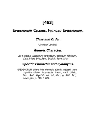 [463]
Epidendrum Ciliare. Fringed Epidendrum.
Class and Order.
Gynandria Diandria.
Generic Character.
Cor. 6-petala. Nectarium turbinatum, obliquum reflexum.
Caps. infera 1-locularis, 3-valvis, fenestrata.
Specific Character and Synonyms.
EPIDENDRUM ciliare foliis oblongis aveniis, nectarii labio
tripartito ciliato: intermedia lineari, cauli bifolio.
Linn. Syst. Vegetab. ed. 14. Murr. p. 818. Jacq.
Amer. pict. p. 110. t. 209.
 