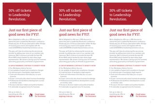 30% off tickets
to Leadership
Revolution.
We’re delighted to offer you a 30% discount to
attend this year’s Leadership Revolution conference.
Simply pay your Ai Group subscription within 30 days
of receiving your invoice and register with the
code (LEADER30) at leadershiprevolution.com.au.
This year, we’ll also be enhancing the services we
provide, by adding even more to our member-only
resources. We’ll continue to provide the best HR,
IR and WHS advice backed by razor-sharp legal
representation. We remain a strong voice for business,
advocating good policy at all levels of government.
Get up-to-date on
everything we offer at
aigroup.com.au
Just our first piece of
good news for FY17.
AI GROUP MEMBERS CONTINUE TO BENEFIT FROM
• Our Workplace Advice Service
• Live updates of award and compliance changes
• A national team of workplace legal experts
• Tools and information that help you run your
business
• A peer community who share business knowledge
• Professional and workforce development courses
at member rates
• Access to decision makers and political leaders
• A nationally recognised voice for business
30% off tickets
to Leadership
Revolution.
We’re delighted to offer you a 30% discount to
attend this year’s Leadership Revolution conference.
Simply pay your Ai Group subscription within 30 days
of receiving your invoice and register with the
code (LEADER30) at leadershiprevolution.com.au.
This year, we’ll also be enhancing the services we
provide, by adding even more to our member-only
resources. We’ll continue to provide the best HR,
IR and WHS advice backed by razor-sharp legal
representation. We remain a strong voice for business,
advocating good policy at all levels of government.
Get up-to-date on
everything we offer at
aigroup.com.au
Just our first piece of
good news for FY17.
AI GROUP MEMBERS CONTINUE TO BENEFIT FROM
• Our Workplace Advice Service
• Live updates of award and compliance changes
• A national team of workplace legal experts
• Tools and information that help you run your
business
• A peer community who share business knowledge
• Professional and workforce development courses
at member rates
• Access to decision makers and political leaders
• A nationally recognised voice for business
30% off tickets
to Leadership
Revolution.
We’re delighted to offer you a 30% discount to
attend this year’s Leadership Revolution conference.
Simply pay your Ai Group subscription within 30 days
of receiving your invoice and register with the
code (LEADER30) at leadershiprevolution.com.au.
This year, we’ll also be enhancing the services we
provide, by adding even more to our member-only
resources. We’ll continue to provide the best HR,
IR and WHS advice backed by razor-sharp legal
representation. We remain a strong voice for business,
advocating good policy at all levels of government.
Get up-to-date on
everything we offer at
aigroup.com.au
Just our first piece of
good news for FY17.
AI GROUP MEMBERS CONTINUE TO BENEFIT FROM
• Our Workplace Advice Service
• Live updates of award and compliance changes
• A national team of workplace legal experts
• Tools and information that help you run your
business
• A peer community who share business knowledge
• Professional and workforce development courses
at member rates
• Access to decision makers and political leaders
• A nationally recognised voice for business
 