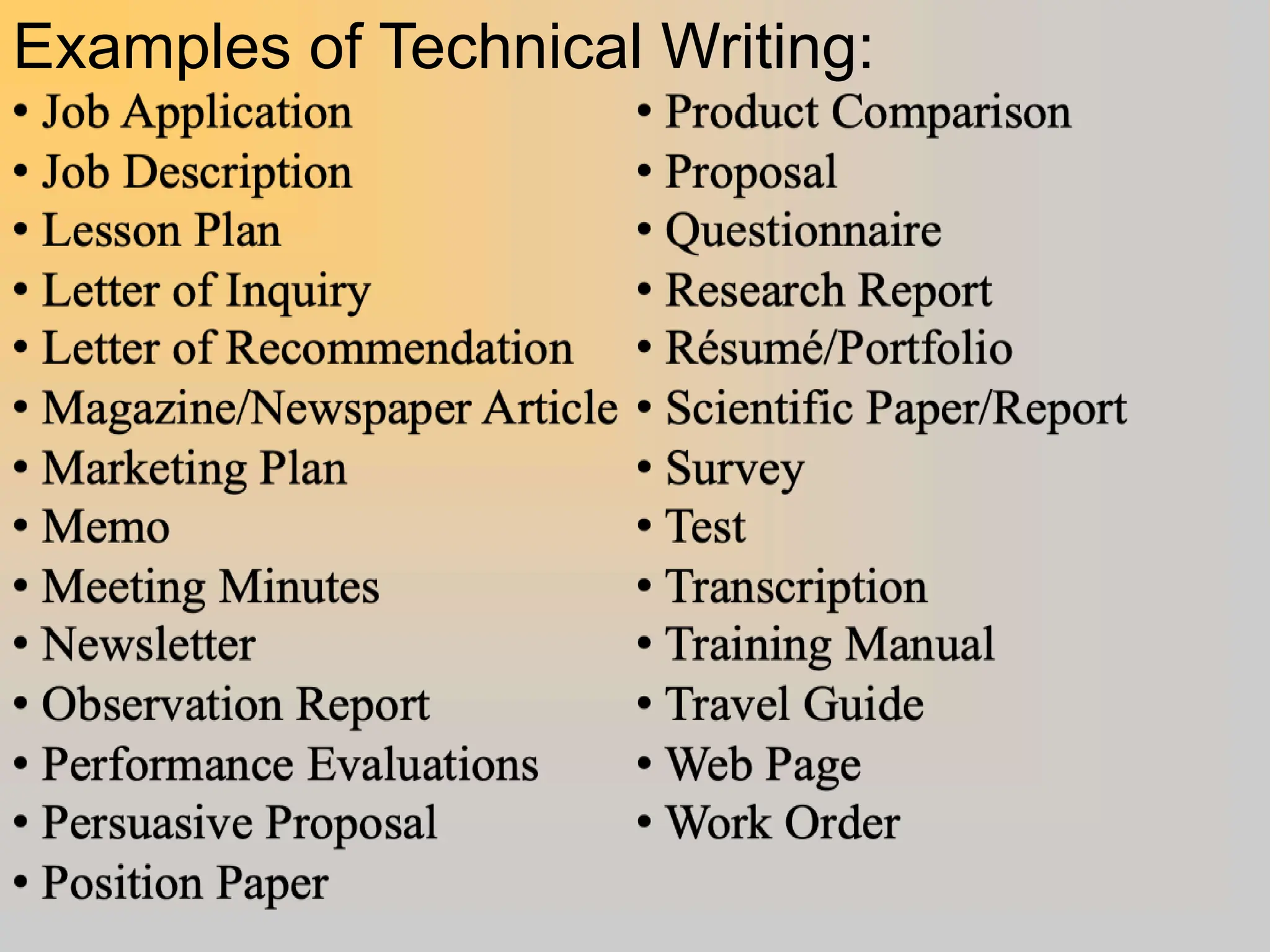 Examples of Technical Writing:
 