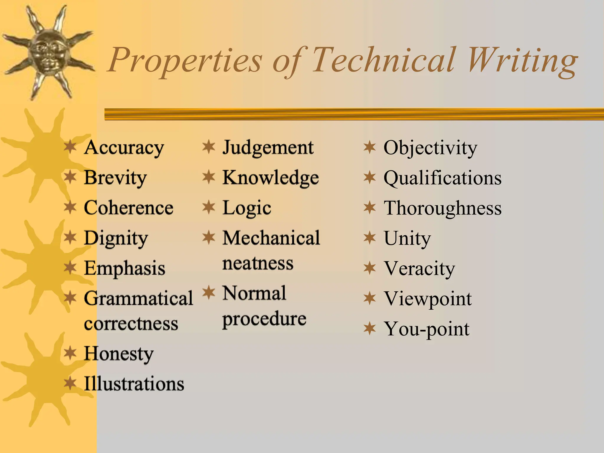Properties of Technical Writing
 Objectivity
 Qualifications
 Thoroughness
 Unity
 Veracity
 Viewpoint
 You-point
 
