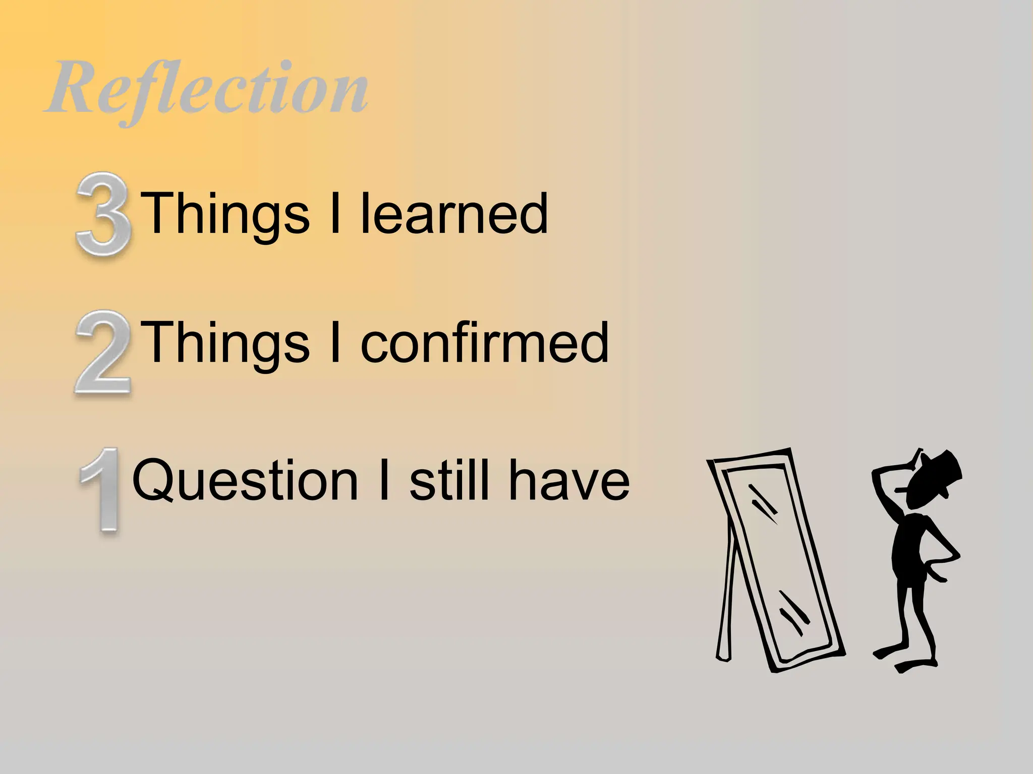 Reflection
Things I learned
Things I confirmed
Question I still have
 