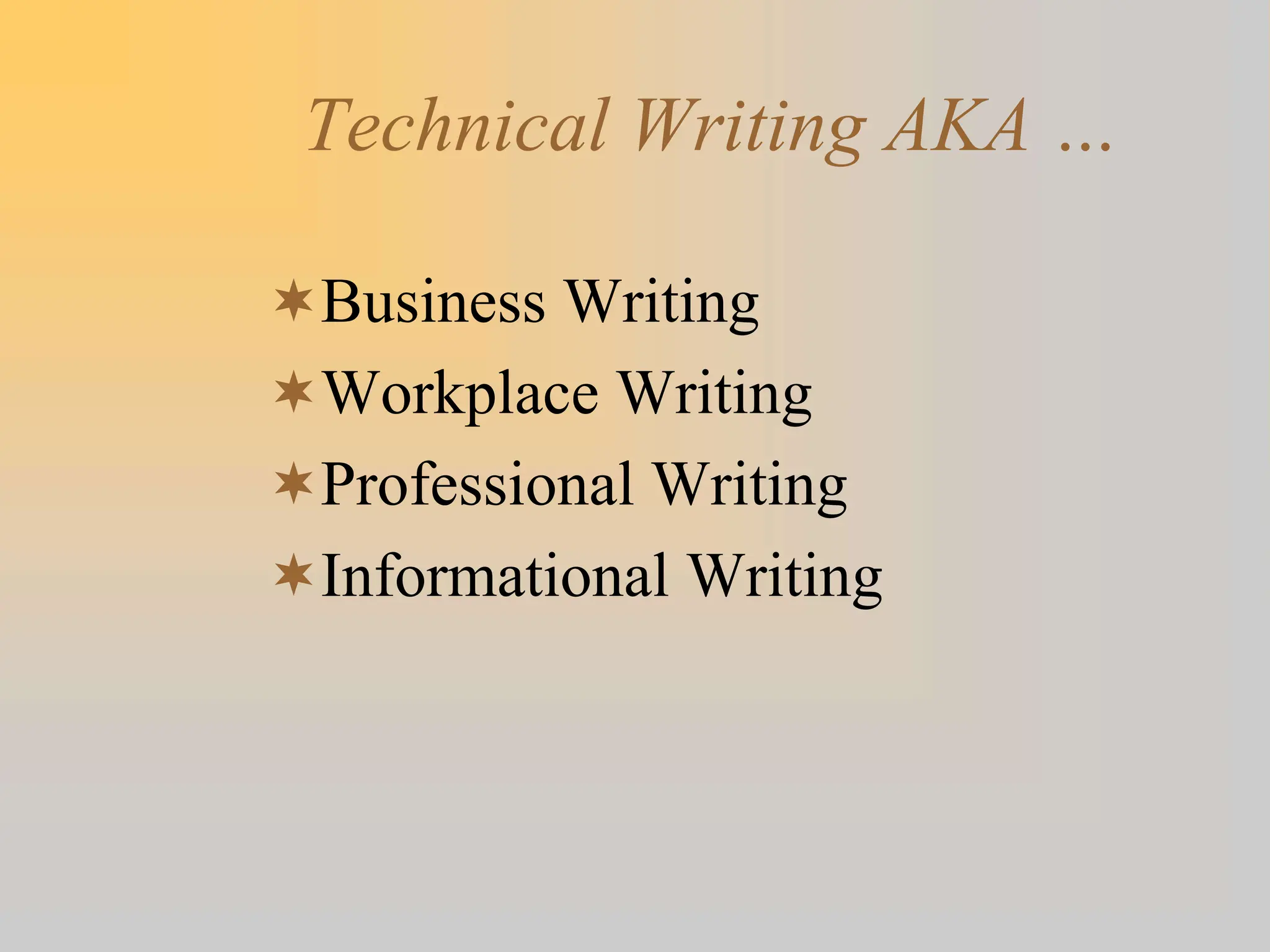 Technical Writing AKA …
Business Writing
Workplace Writing
Professional Writing
Informational Writing
 