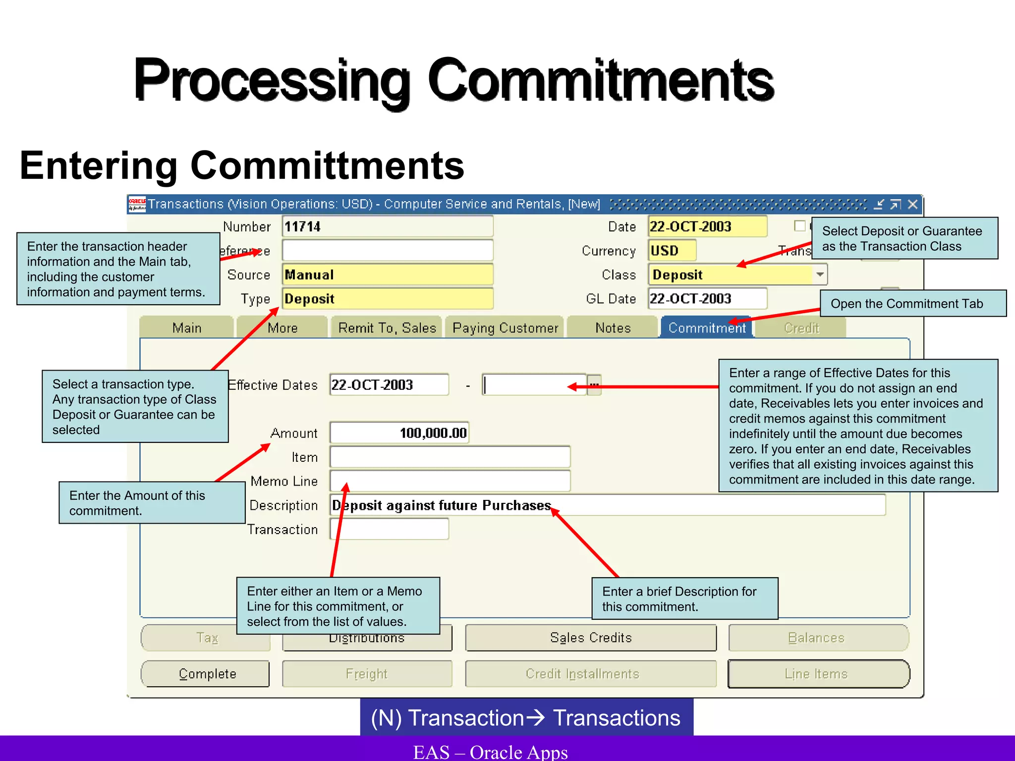 EAS – Oracle Apps
Processing Commitments
(N) Transaction Transactions
Enter either an Item or a Memo
Line for this commitment, or
select from the list of values.
Enter the Amount of this
commitment.
Enter a range of Effective Dates for this
commitment. If you do not assign an end
date, Receivables lets you enter invoices and
credit memos against this commitment
indefinitely until the amount due becomes
zero. If you enter an end date, Receivables
verifies that all existing invoices against this
commitment are included in this date range.
Enter a brief Description for
this commitment.
Enter the transaction header
information and the Main tab,
including the customer
information and payment terms.
Open the Commitment Tab
Select Deposit or Guarantee
as the Transaction Class
Select a transaction type.
Any transaction type of Class
Deposit or Guarantee can be
selected
Entering Committments
 